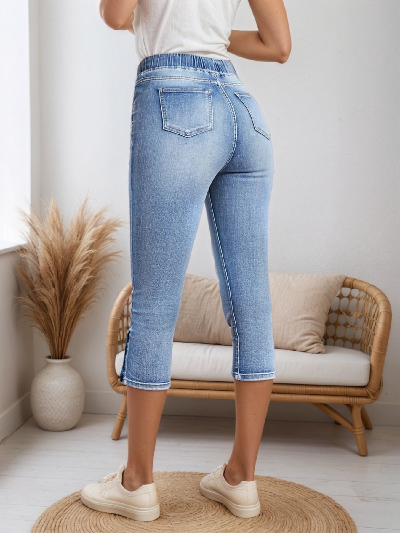 Drawstring Capri Jeans - Split Button Hem Style - Fashions Envy
