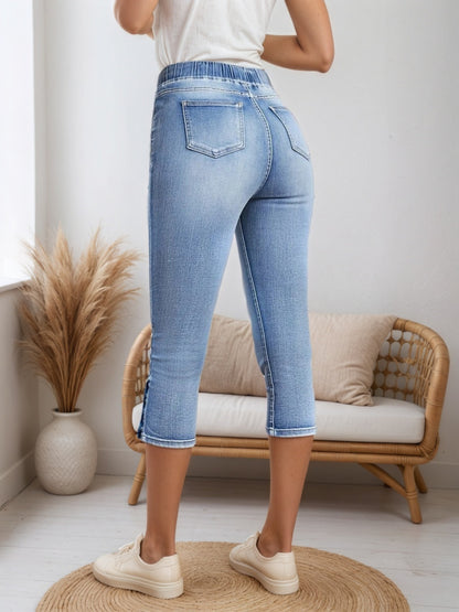 Drawstring Capri Jeans - Split Button Hem Style - Fashions Envy