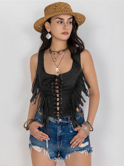 Fringe Lace-Up Vest - Fashions Envy