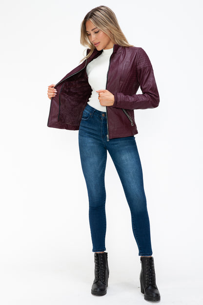 Wine Faux Layered Double-Zipper Jacket with Fuzzy Hood