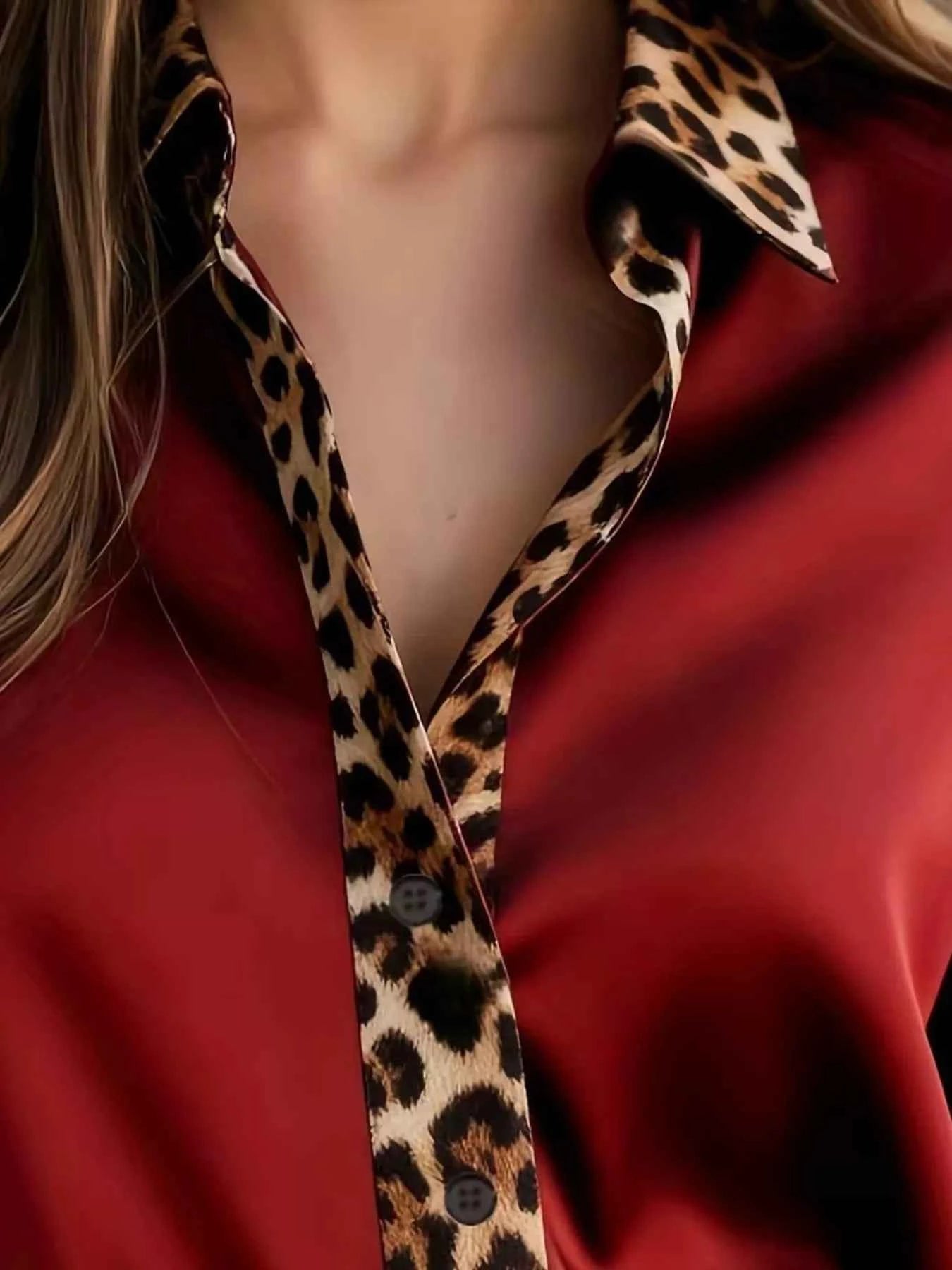 Leopard Trim Button Up Shirt