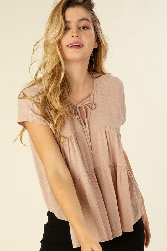 Beige Dolman Short Sleeve A Line Tiered Blouse