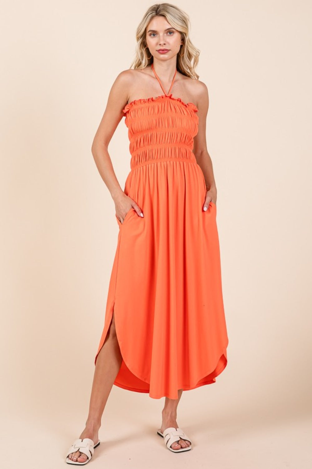 Living Coral Tie Back Shirring Dress with Pockets