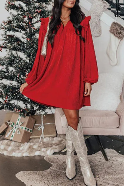 Frill Notched Long Sleeve Mini Dress