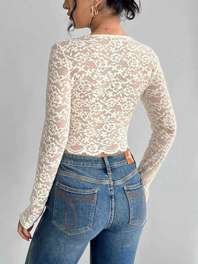 Elegant Lace Top - V-Neck Long Sleeve Blouse