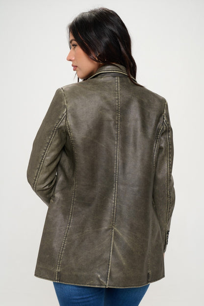 Olive Brown Single-Breasted Vegan Leather Blazer