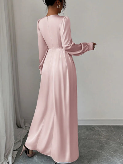 Blush Pink Satin Long Sleeve Maxi Dress - Fashions Envy