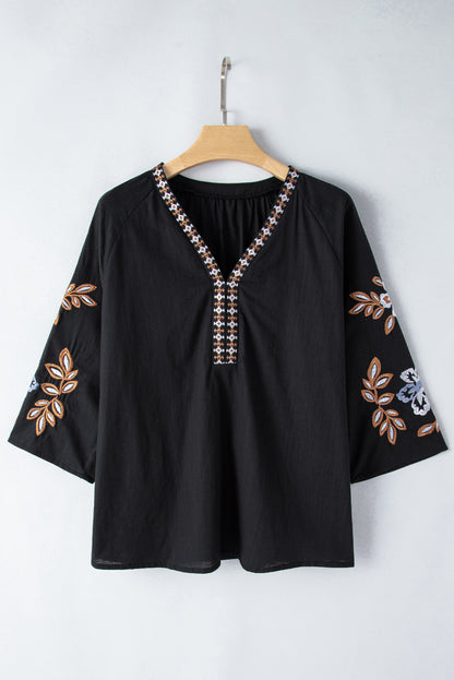 Embroidered V-Neck Three-Quarter Sleeve Blouse