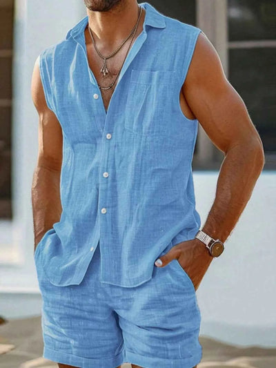 Men's Plus Size Casual Button Up Vest & Shorts Set