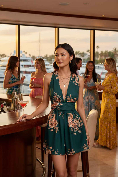Floral Print Sleeveless Romper - Deep V-Neck Tie Back
