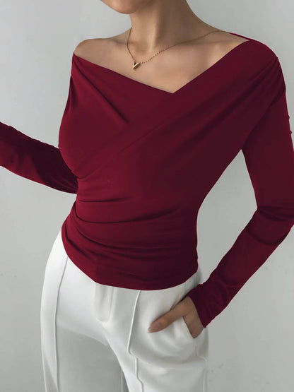 Asymmetrical Long Sleeve Blouse - Ruched Detail Top - Fashions Envy