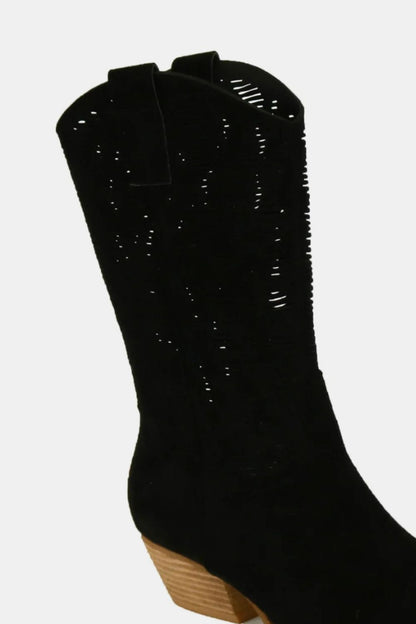 Black Faux Suede Laser Cut Detail Block Heel Boots