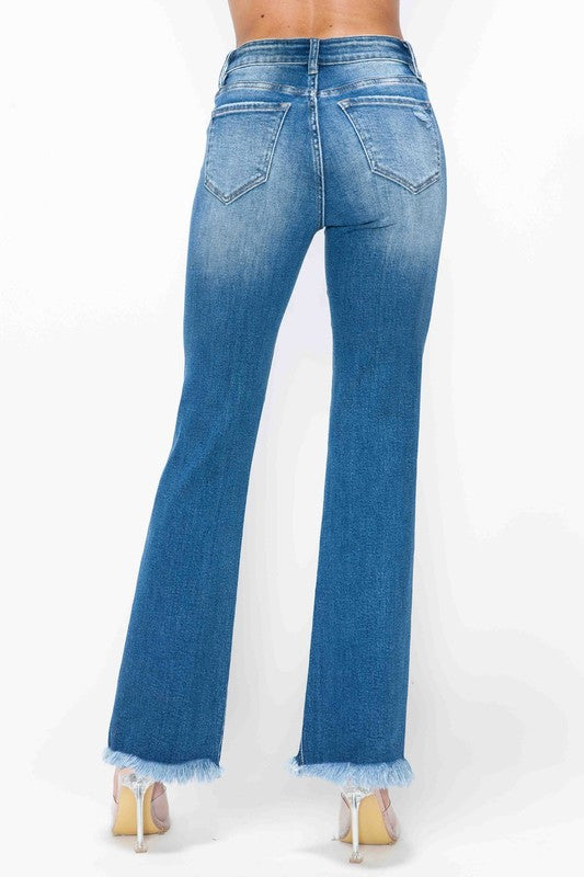 Medium Blue Full Size Raw Hem Distressed High Rise Bootcut Jeans