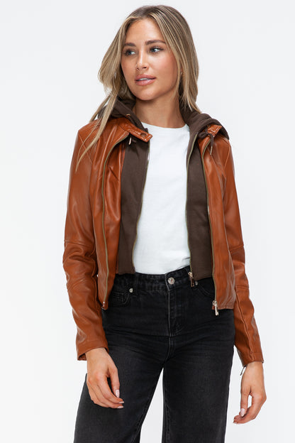 Camel Faux Leather Zip Up Drawstring Hooded Jacket