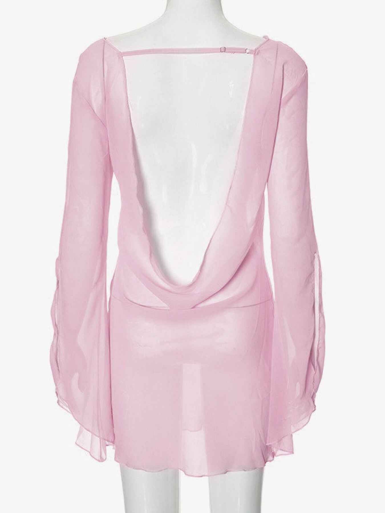 Purple Powder Sheer Mini Dress - Plunge Backless Chiffon