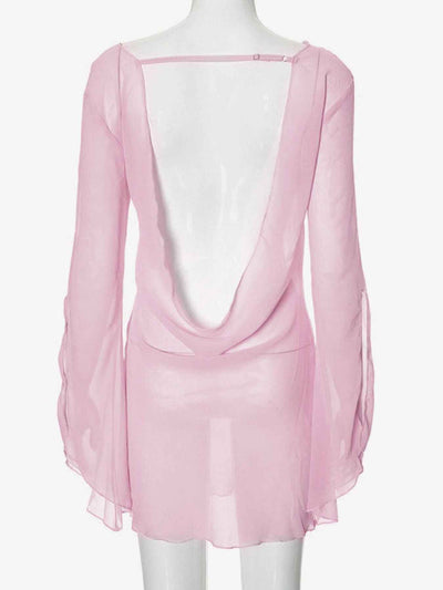Purple Powder Sheer Mini Dress - Plunge Backless Chiffon