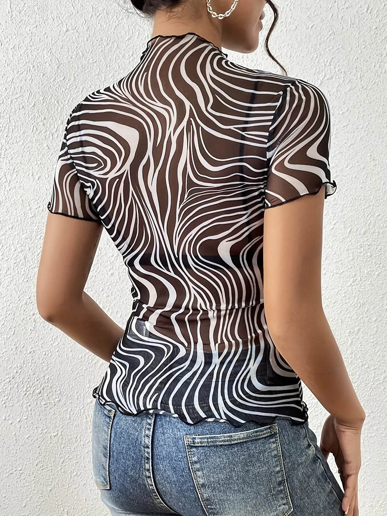 Psychedelic Wave Print Mock Neck T-Shirt - Mesh Statement Top - Fashions Envy