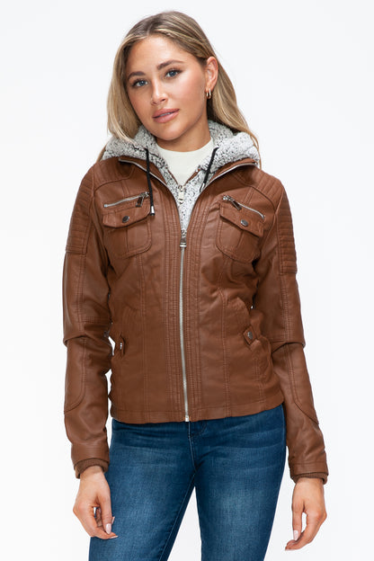 Rust Removable Faux Layered Multi-Pocket Jacket with Fuzzy Hood