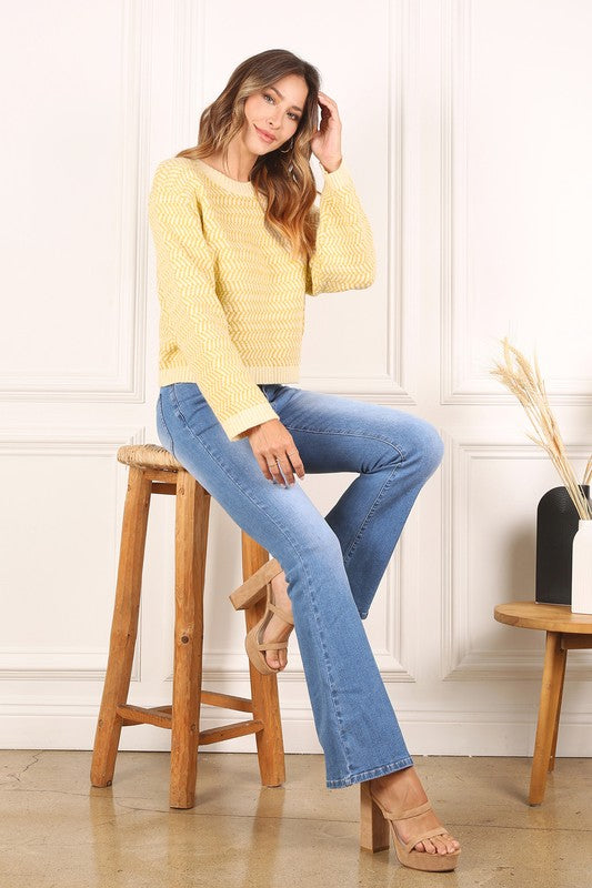 Herringbone Pattern Crew Neck Long Sleeve Sweater