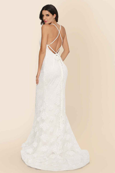 V-Neck Wedding Dress - Elegant Trailing Bridal Gown - Fashions Envy