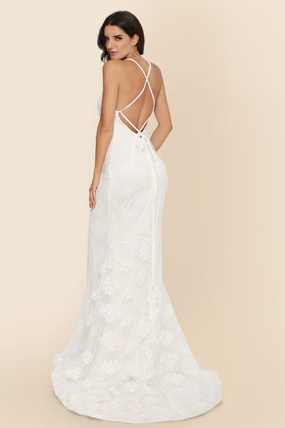 V-Neck Wedding Dress - Elegant Trailing Bridal Gown