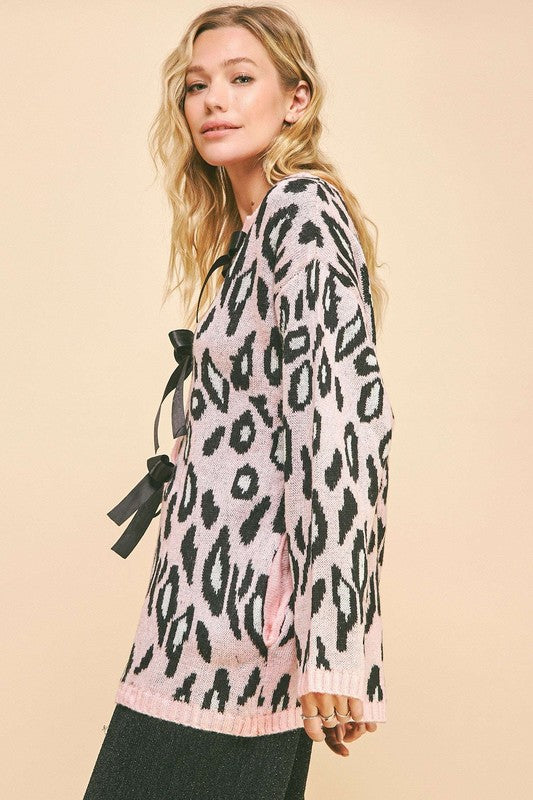 Blush Pink Leopard Ribbon Tie Front Loose Fit Cardigan