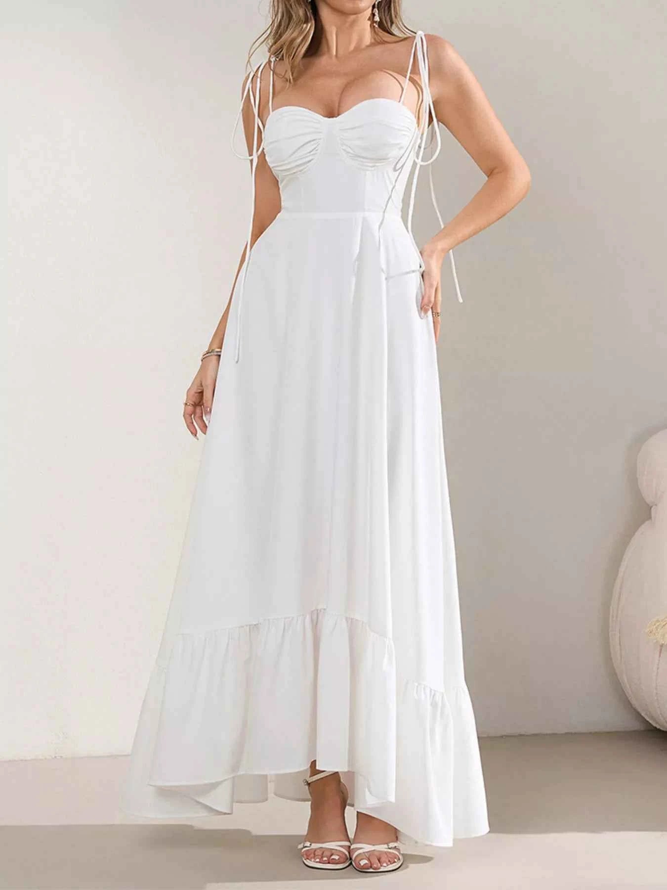 Sweetheart Neck Tie-Strap Ruffle Hem Maxi Dress
