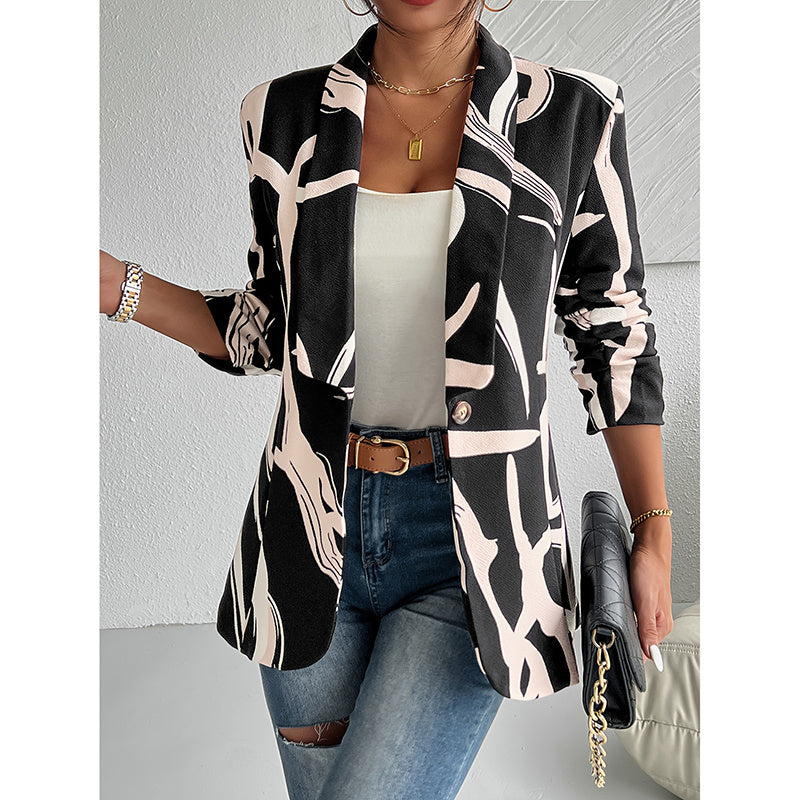 Women's Abstract Print Blazer - Button Front Office Jacket - Fashions Envy