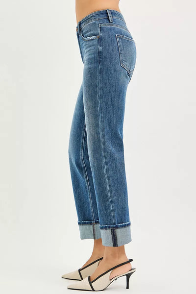 RISEN Slouchy Straight Jeans - 4-Way Stretch Cuffed Hem - Fashions Envy