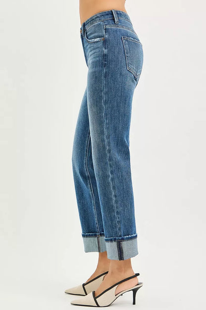 RISEN Slouchy Straight Jeans - 4-Way Stretch Cuffed Hem - Fashions Envy