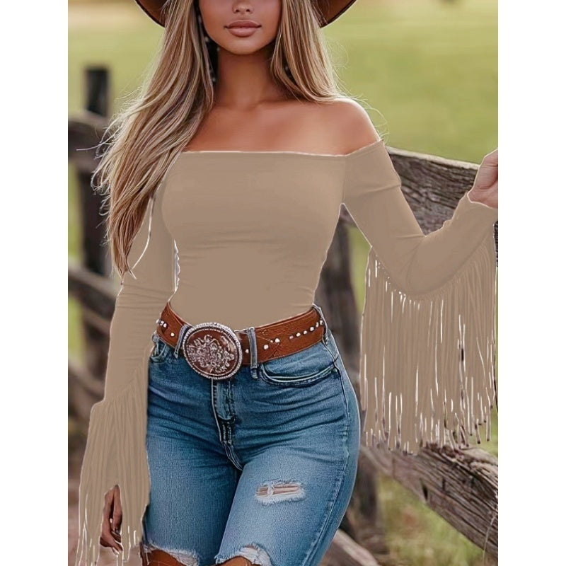 Western Cowgirl Off-Shoulder Fringe Slim Fitted Top