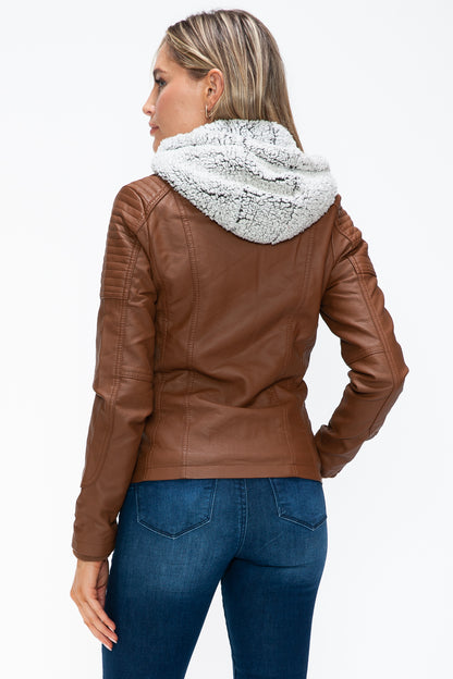 Rust Removable Faux Layered Multi-Pocket Jacket with Fuzzy Hood