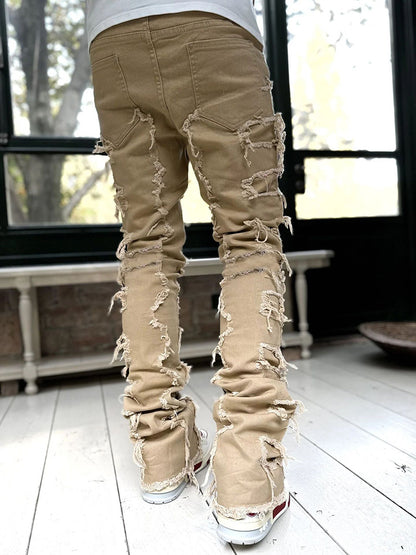 Men's Individual Patched Pants Long Tight Fit Stacked Jeans