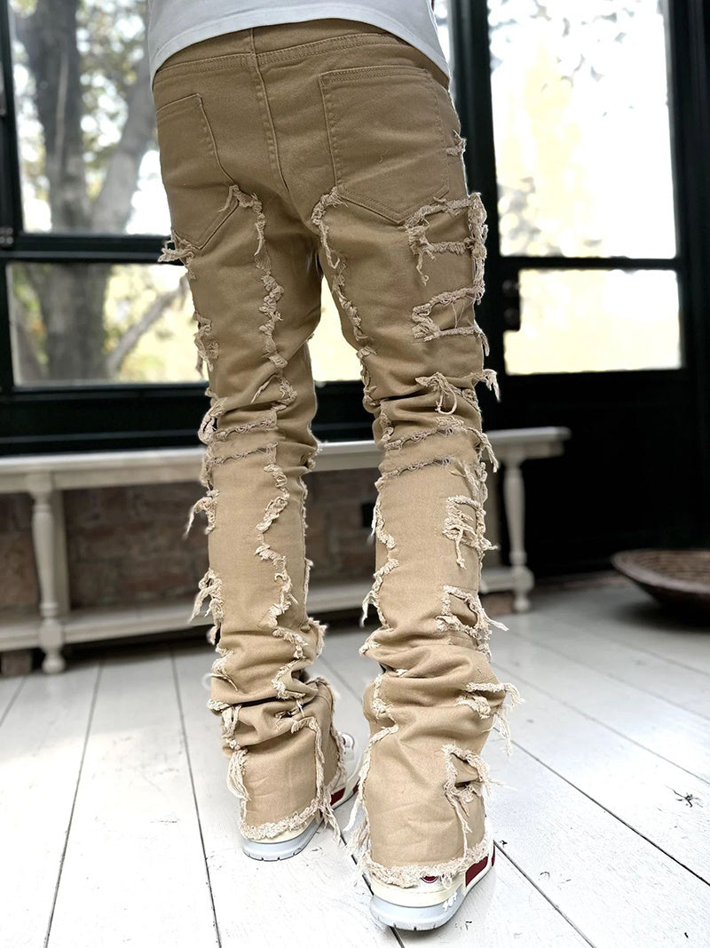 Men's Individual Patched Pants Long Tight Fit Stacked Jeans