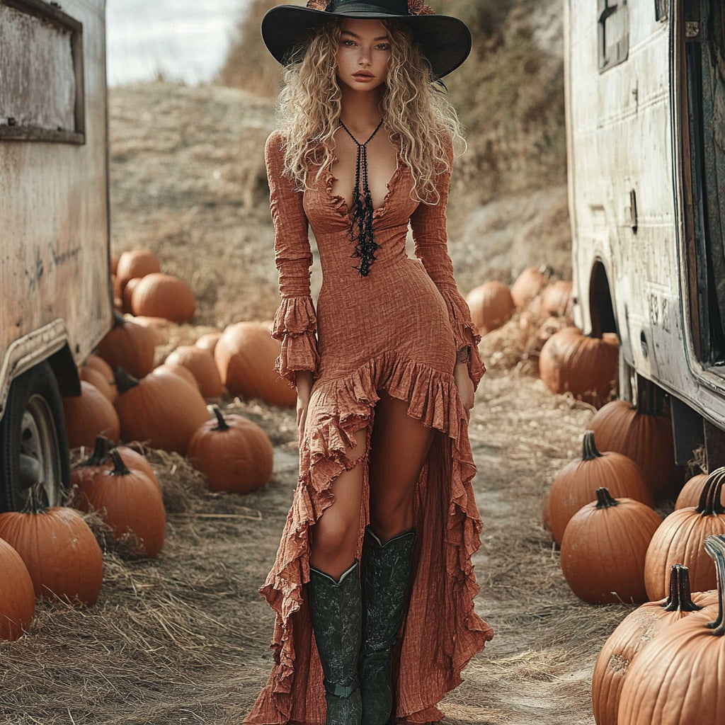 Women's Deep V-Neck Long Sleeve Dress - Ruffled Hem Asymmetrical Vacation Dress