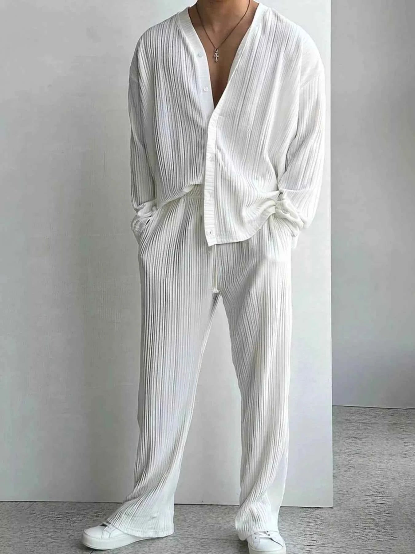 Men's Full Size Textured Button Up Shirt and Pants Set Plus Size