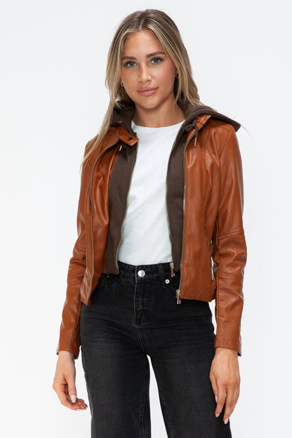 Camel Faux Leather Zip Up Drawstring Hooded Jacket