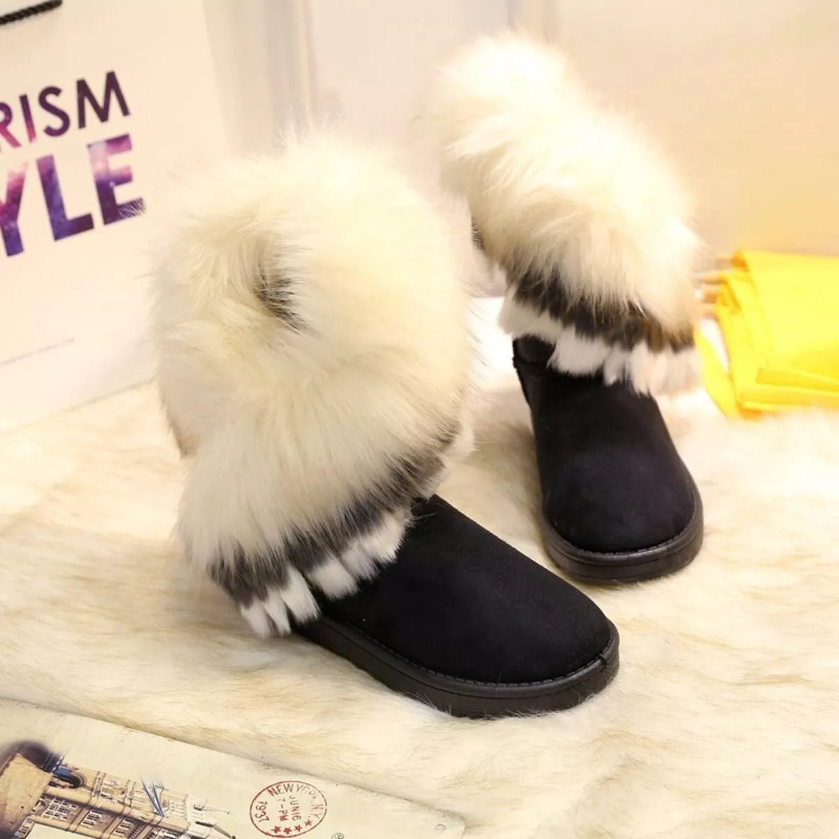 Fluffy Fur Cuff Round Toe Boots - Fashions Envy