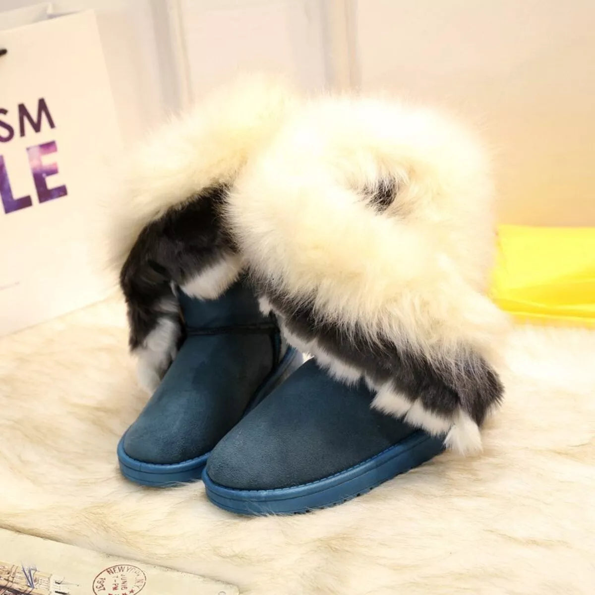 Fluffy Fur Cuff Round Toe Boots - Fashions Envy
