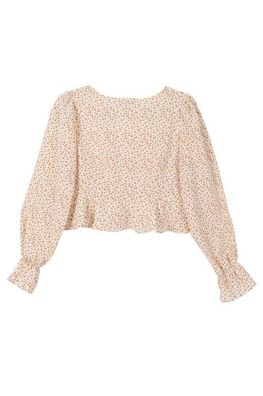 Long Puff Sleeve Floral V-Neck Blouse