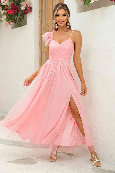 Asymmetrical Ruched Slit Dress - Fashions Envy