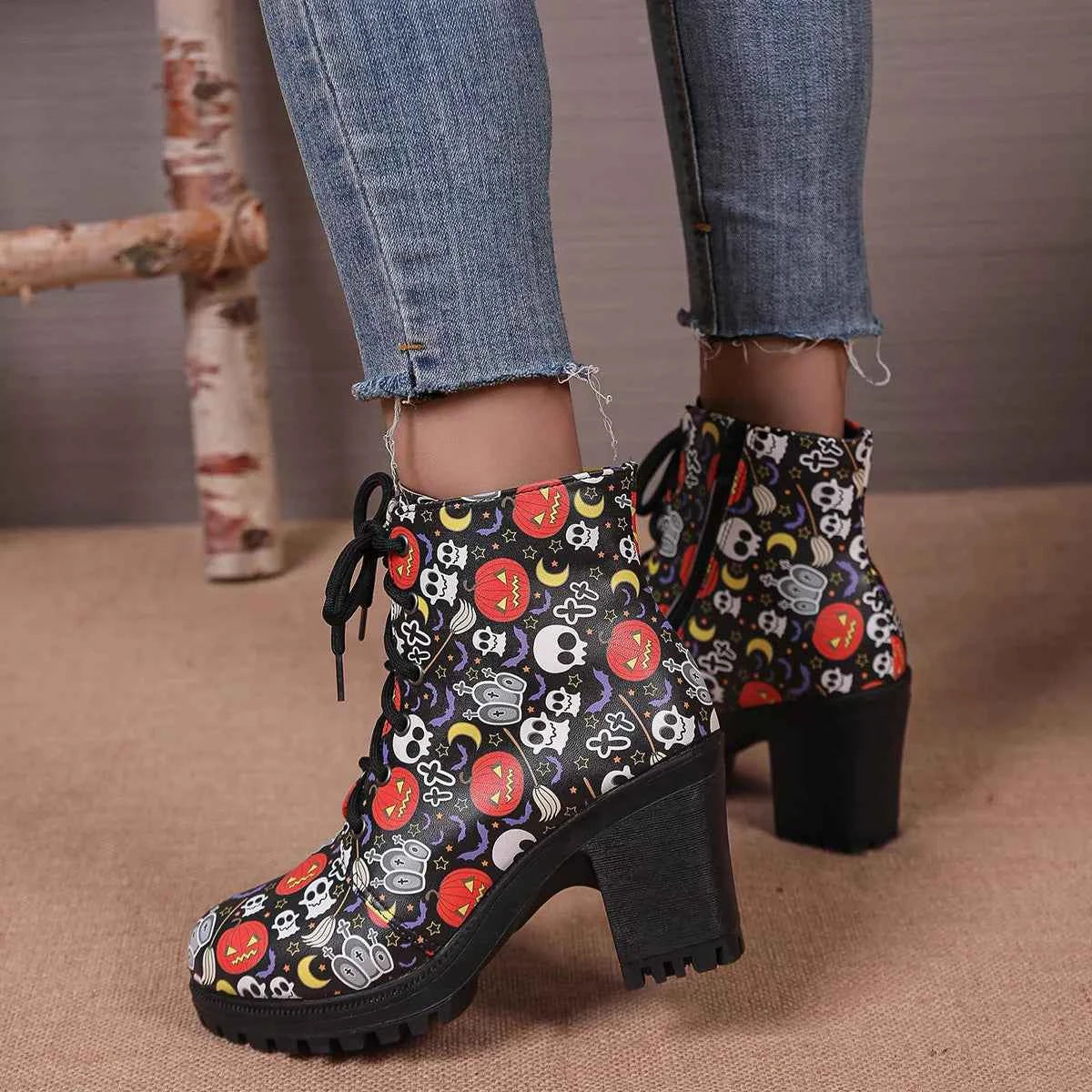 Skull Print Chunky Heel Ankle Boots