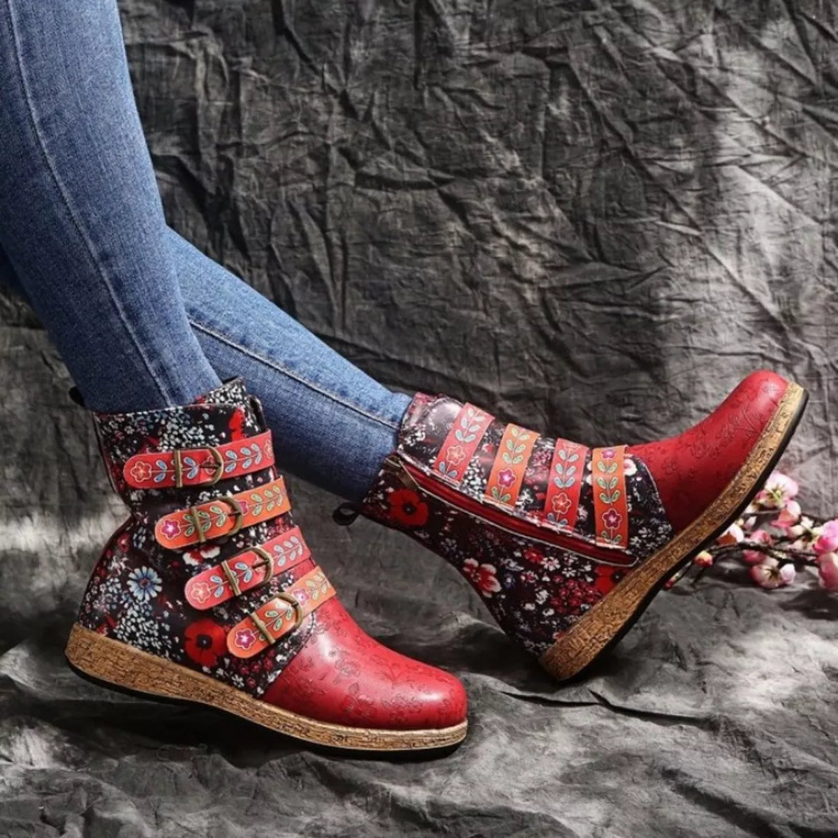 Embroidered Boots - Round Toe Flats - Fashions Envy