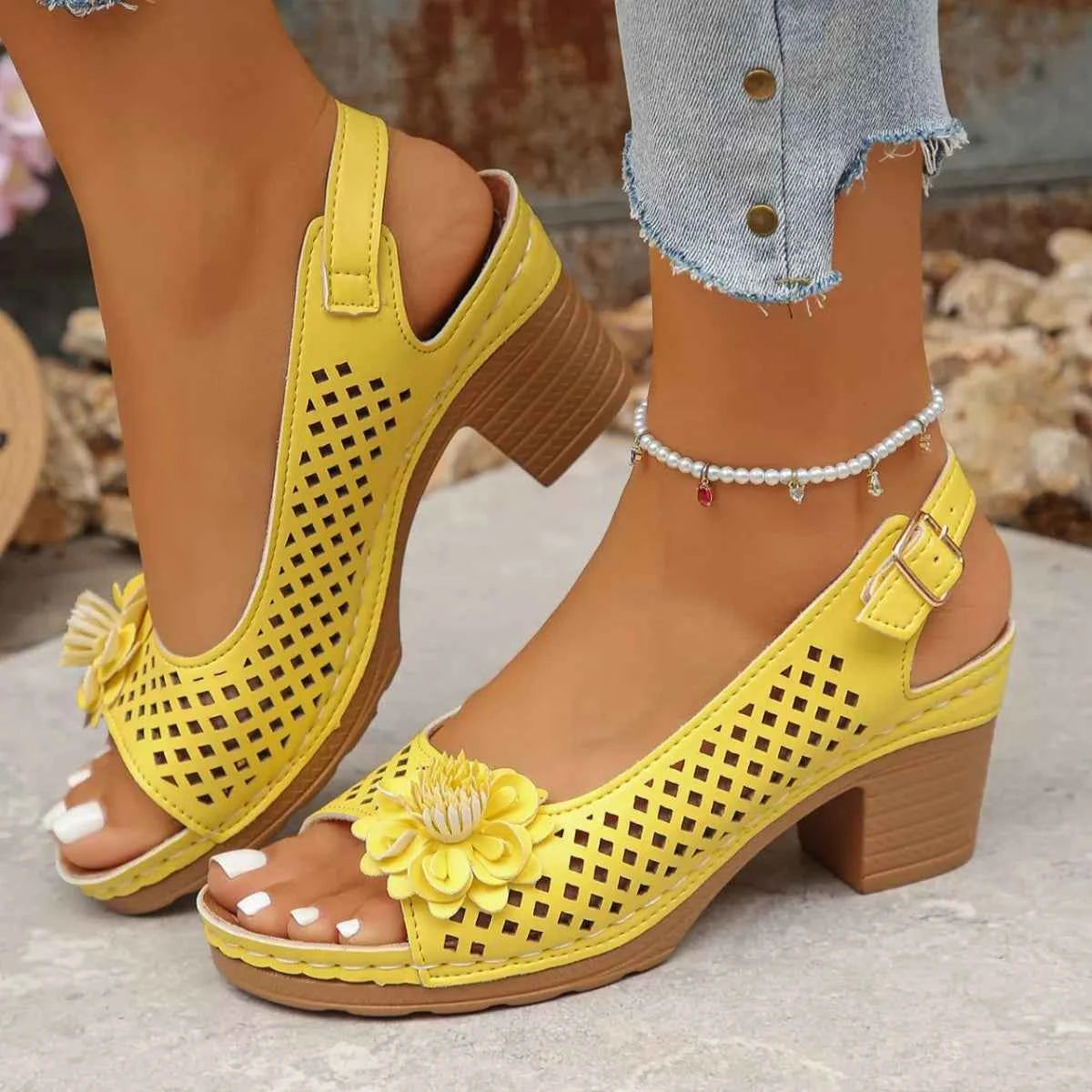 Floral Accent Block Heel Sandals