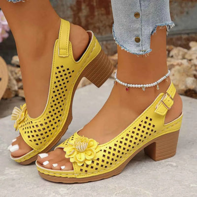 Floral Accent Block Heel Sandals