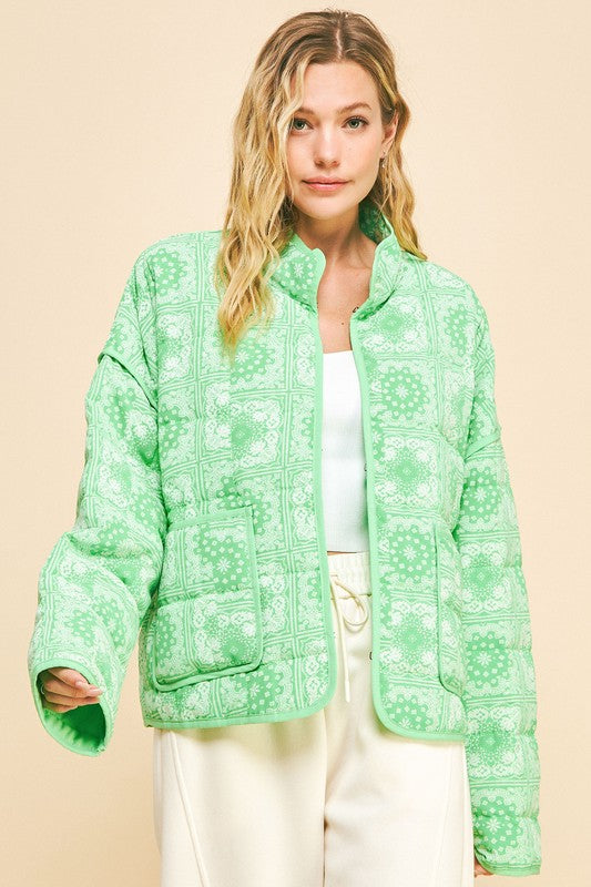 Neon Green Vintage Print Open Front Jacket with Pockets