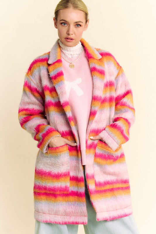 Pink Orange Contrast Striped Open Front Coat with Pockets