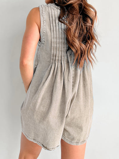V-neck Pleated Tied Romper with Pockets