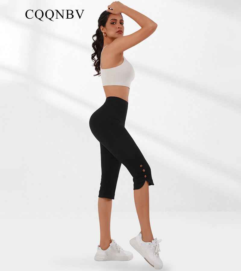 Women's High-waisted, Elastic, Waist-cinching, Tight-fitting Caprix Pants With Slit Buttons At The Hem For A Slimming Look. Wear This Sporty Mid-length Pants Over It