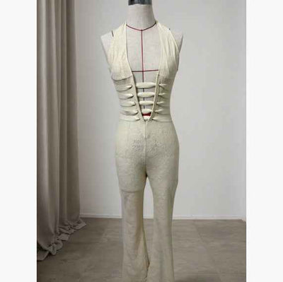 Lace Halter Jumpsuit - Deep V Wide Leg Style - Fashions Envy